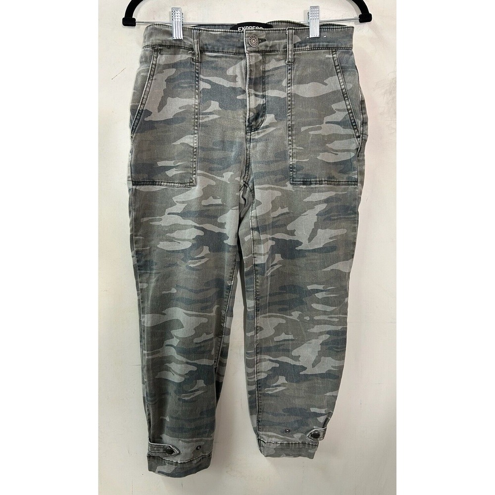 Express Pants Womens Sz 6 Green Camo High Rise Stretch Pockets Elastic Crop Gorp